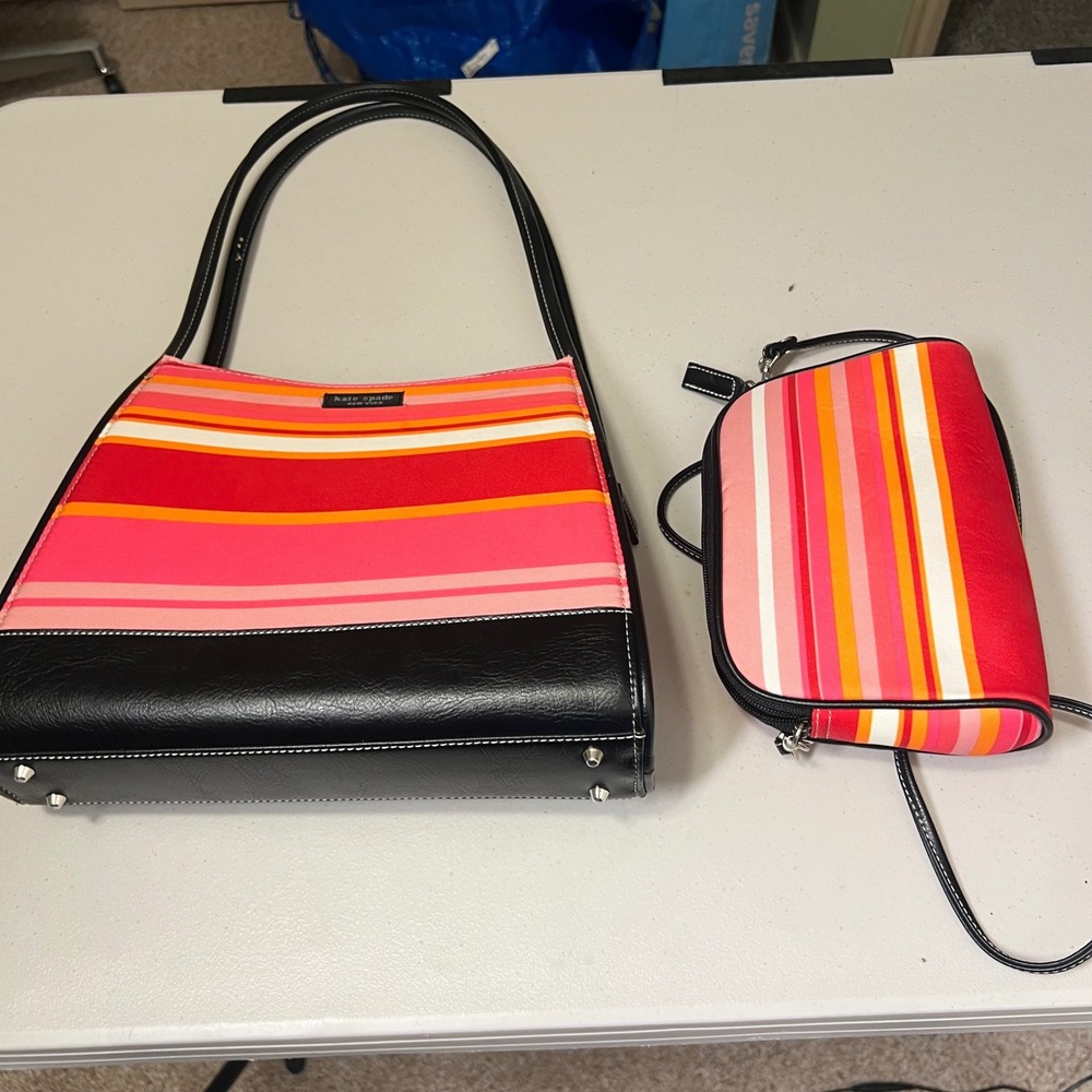 Kate Spade Striped Canvas Shoulder Bag and Crossbody Set Pink Orange Red - Picture 6 of 11